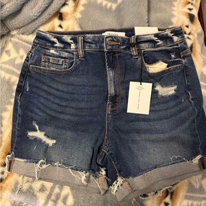 Zenana Outfitters Dark Blue Distressed Jean Shorts